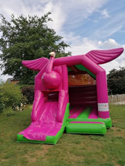 image : Château gonflable Flamant Rose : château rose avec toboggan